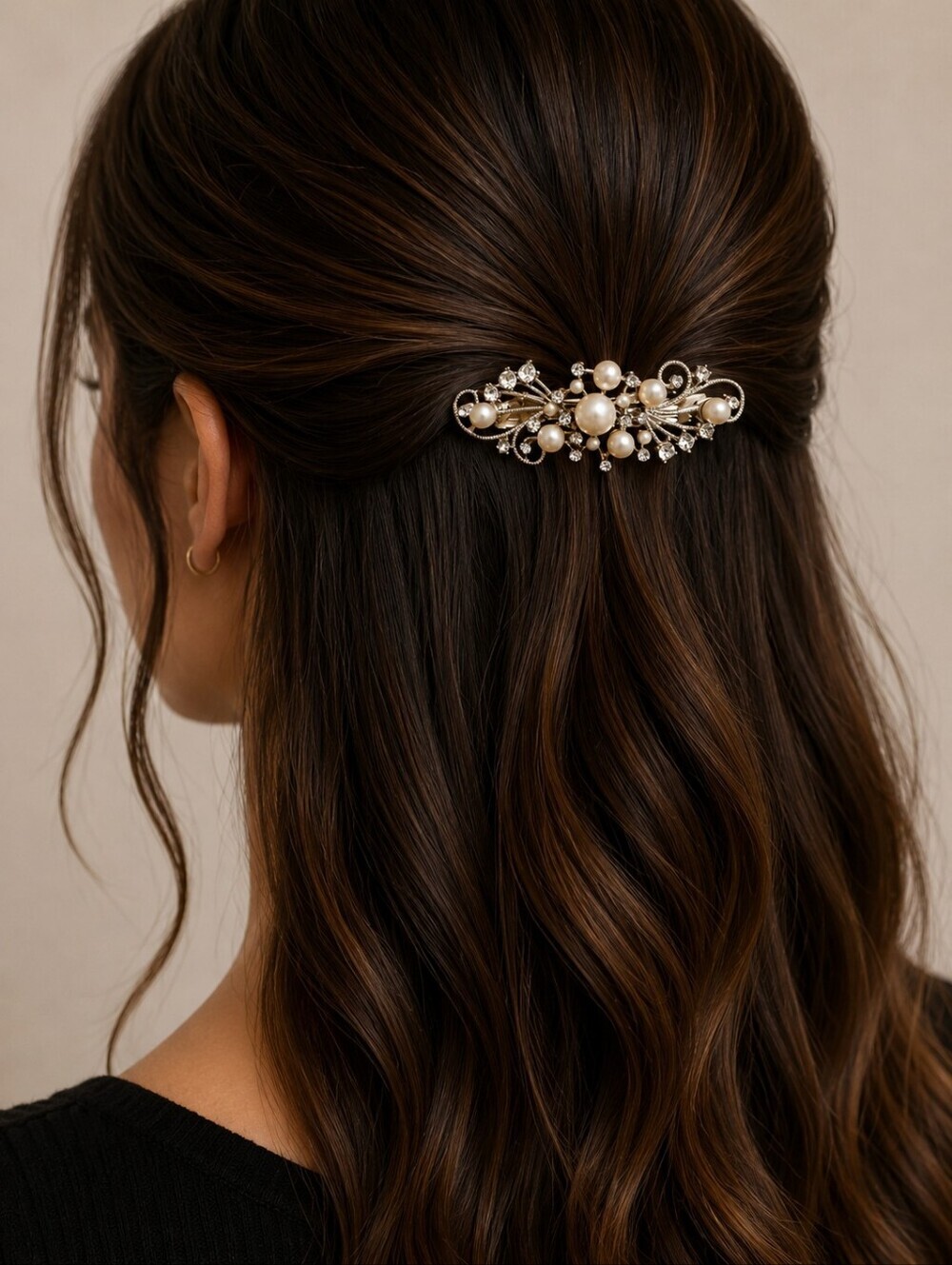 Vintage 1980s Silvertone Pearl Rhinestone Formal Bridal Barrette